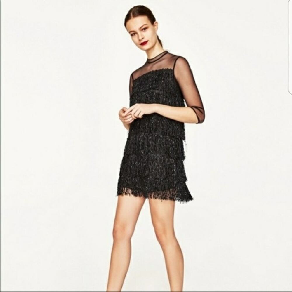 Zara Black Fringe Tinsel Textured Mini Dress Sheer Mesh Sleeves Size S Flapper